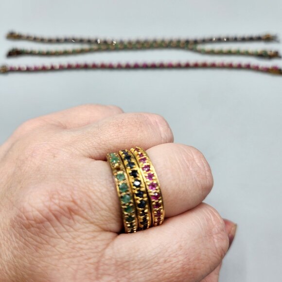 Tri Color Tennis Bracelet Stacking Ring Set Cubic Zirconia ADI 925 Thai Silver - Picture 6 of 13